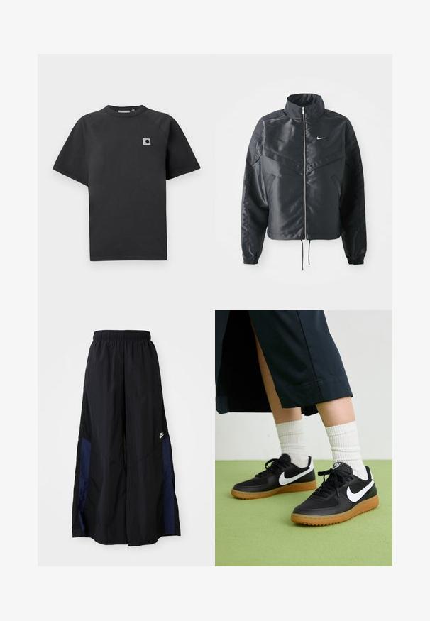 Sort cropped jakke med høj krave, lynlås lukning, elastiske manchetter og et hvidt Nike-logo. Glat, blankt stof med en let struktureret overflade.; Sort bomuld t-shirt med rund halsudskæring, korte ærmer og en rektangulær logo-patch på venstre side af brystet.; Sorte vide benbukser lavet af letvægtsstof, med et marineblåt sidepanel og en elastisk talje. Lille hvidt logo nederst.; Sorte læder- og syntetiske sneakers med hvid Nike swoosh, gummisål, rund tå og sorte snørebånd. Ribbede hvide sokker synlige.