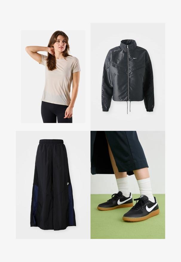 Schwarze, verkürzte Jacke mit hohem Kragen, Reißverschluss, Elastan-Ärmeln und einem weißen Nike-Logo. Glattes, glänzendes Material mit leicht strukturiertem Oberflächeneffekt.; Beige Sport T-Shirt mit kurzen Ärmeln, leichtem Material, glatter Textur und subtilen Nähtedetails, kombiniert mit schwarzen, enganliegenden Hosen.; Schwarze weit geschnittene Hose aus leichtem Stoff, mit einem dunkelblauen Seitenpanel und einem elastischen Bund. Kleines weißes Logo am unteren Ende.; Schwarze Leder- und synthetische Sneakers mit weißem Nike-Swoosh, Gummisohle, runder Spitze und schwarzen Schnürsenkeln. Gestreifte weiße Socken sind sichtbar.