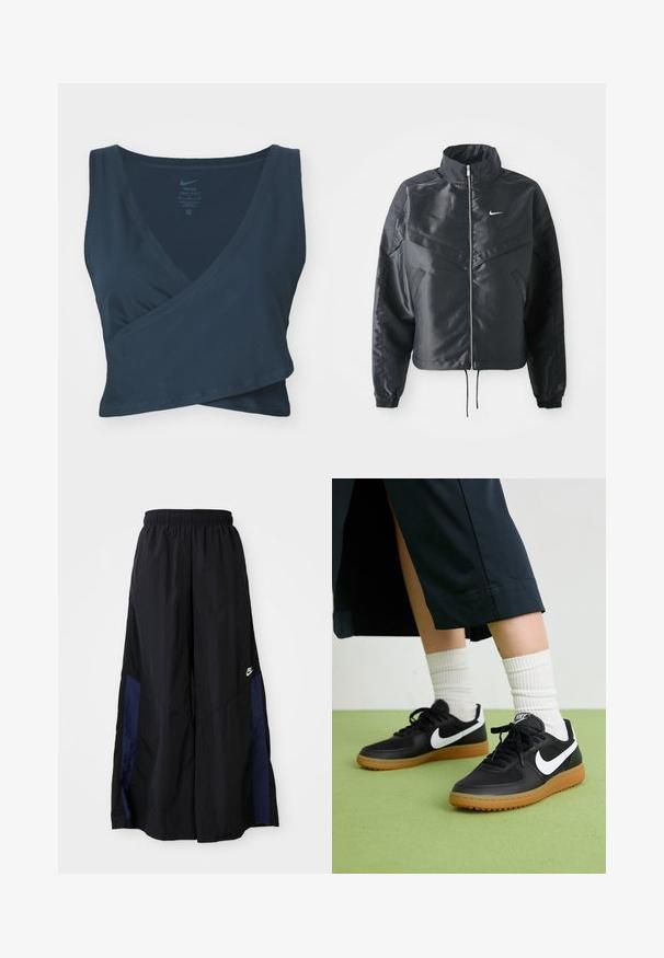 Črna skrajšana jakna z visokim ovratnikom, zadrgo, elastan rokavi in belim logotipom Nike. Gladek, sijoč material z rahlo teksturirano površino.; Temno modra Dri-FIT športna top brez rokavov z ovitim dizajnom, v-izrezom in rebrasto teksturo. Ima Nikerovo blagovno znamko natisnjeno na notranji strani.; Črne široke hlače iz lahkega materiala, z morsko modrim stranskim panelom in elastičnim pasom. Majhna bela oznaka na dnu.; Črne usnjene in sintetične superge z belim Nike swooshom, gumo na podplatu, okroglo konico ter črnimi vezalkami. Vidne so rebraste bele nogavice.