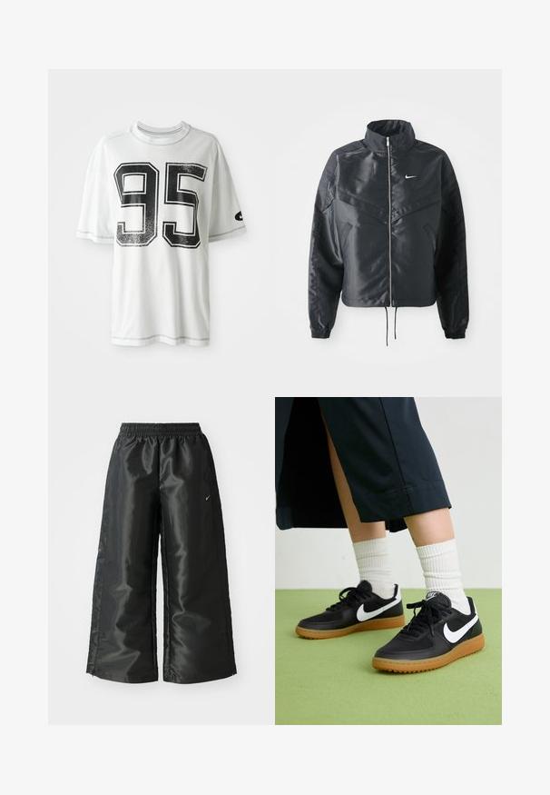 Svart cropped jakke med høy krage, glidelåsåpning, elastiske mansjetter og en hvit Nike-logo. Glatt, shiny stoff med en lett teksturert overflate.; Hvit T-skjorte med korte ermer og stort slitt svart tall "95" på forsiden, samt en liten svart swoosh-logo på venstre erme.; Svarte treningsbukser med en blank, glatt stoff, som har et elastisk liv, vide ben og en liten logo på venstre side.; Sorte lær- og syntetiske joggesko med hvit Nike swoosh, gummisåle, rund tå og sorte lisser. Ribbet hvite sokker synlige.