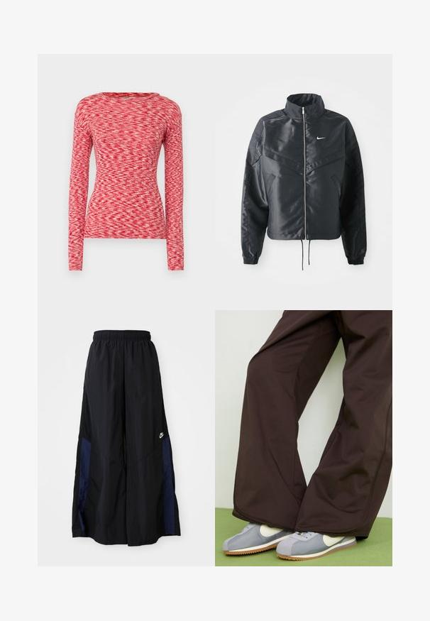 Fekete, rövidített dzseki magas gallérral, cipzáras záródással, elasztikus mandzsettákkal, és fehér Nike logóval. Simább, fényes anyag, enyhén textúrázott felülettel.; Mads Nørgaard SPACE TUBA TEE - Hosszú ujjú felső - multi red; Fekete, bő szárú nadrág könnyű anyagból, tengerészkék oldalsó panellel és elasztikus derékkal. Kicsi fehér logó az alján.; Barna széles lábú nadrág sima textúrával és oldalsó varrással, szürke és fehér retró stílusú edzőcipőkkel, amelyek gumitalpúak.