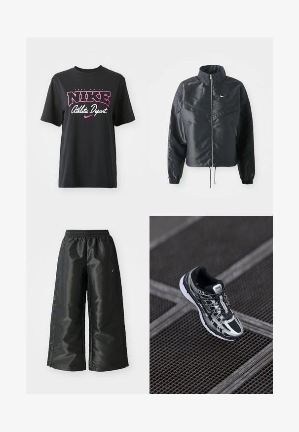 Must kolledžiga must lühike jope, millel on lukuga sulgus, elastne mansett ja valge Nike logo. Sile, läikiv kangas, millel on veidi tekstureeritud pind.; Must musta T-särk musta värviga, millel on roosa ja valge graafiline print tekstiga "JUST DO IT", "NIKE" ja "Athletic Depart." Tavaline lõige.; Mustad mustad sportsipüksid läikiva, siledaga kangaga, pa elastse vöökoha, laia sääre ja väikese logoga vasakul küljel.; Nike jooksutossud musta ja hõbedase värvigammaga, võrkmaterjalist pealts, tekstuuriga tallad ja kindla istumise tagav paeltesüsteem.