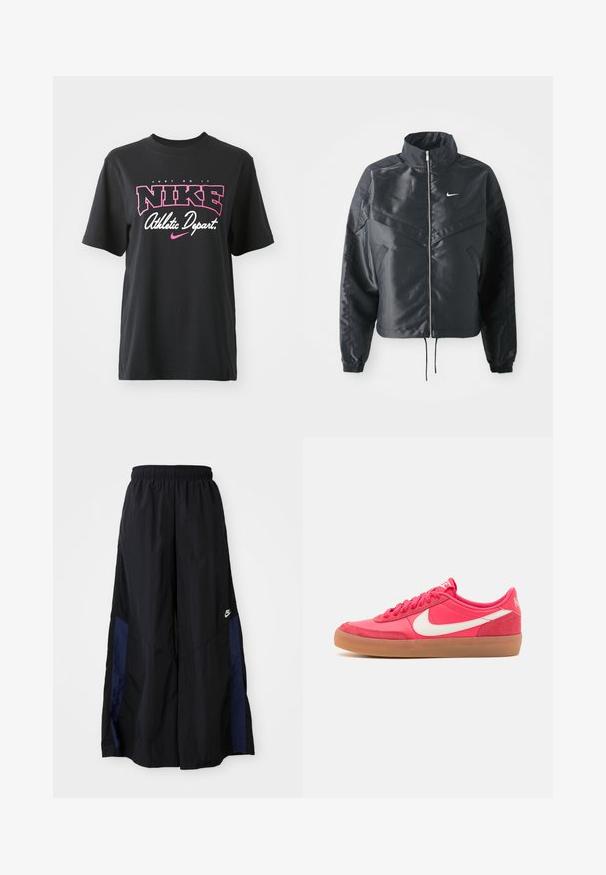 Juoda trumpa striukė su aukštu coloru, užtrauktuku, elastaniniu rankogaliu ir balta Nike logotipu. Lygus, blizgus audinys su šiek tiek tekstūruotu paviršiumi.; Juodas medvilninis marškinėliai su rožiniu ir baltu grafiniu spaudiniu, kuriame yra tekstas "JUST DO IT", "NIKE" ir "Sporto skyrius". Standartinis pjūvis.; Juodos plačios kojų kelnės, pagamintos iš lengvos medžiagos, su tamsiai mėlyna šonine juostele ir elastinga juosmens juosta. Maža balta logotipo etikete apačioje.; Rožiniai sportbačiai su lygiu sintetinės medžiagos paviršiumi, balta Swoosh logotipu ir guminiais padais. Yra apvalios raišteliai ir paminkštintas apykaklė patogumui.