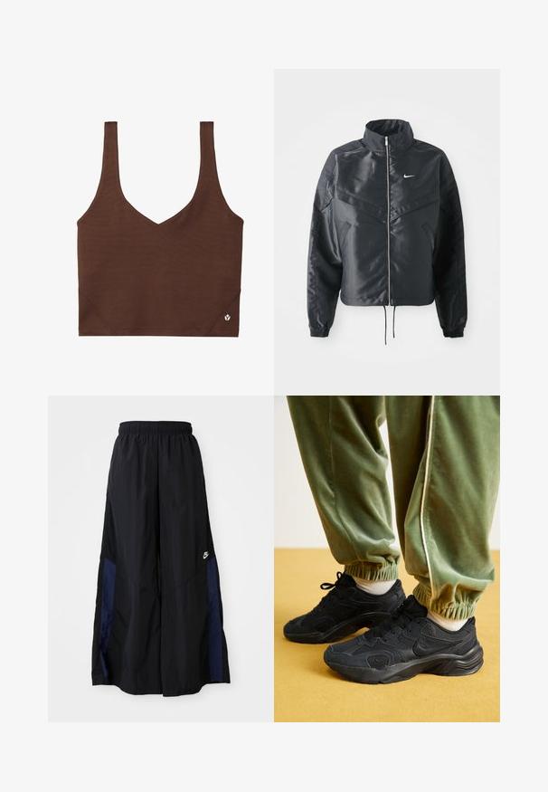 Črna skrajšana jakna z visokim ovratnikom, zadrgo, elastan rokavi in belim logotipom Nike. Gladek, sijoč material z rahlo teksturirano površino.; Rjav športni modrček z V-izrezom, izdelan iz gladkega, raztegljivega materiala. Ima široke naramnice in majhen logotip na robu.; Črne široke hlače iz lahkega materiala, z morsko modrim stranskim panelom in elastičnim pasom. Majhna bela oznaka na dnu.; Črne športne teniske z mrežasto in sintetično prevleko, z teksturiranim podplatom, v kombinaciji z zelenimi trenirkami z elastičnimi manšetami, na rumeni površini.