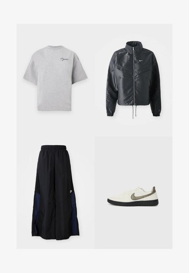 Čierna skrátená bunda s vysokým golierom, zipsovým uzatváraním, elastickými manžetami a bielym logom Nike. Hladká, lesklá tkanina s mierne textúrovaným povrchom.; Sivá oversized tričko vyrobené z bavlny, s okrúhlym výstrihom, krátkymi rukávmi a námornícky modrým logom na hornej ľavej strane.; Čierne voľné nohavice vyrobené z ľahkého materiálu, s námorníckym modrým postranným panelom a elastickým pásom. Malé biele logo na spodnej časti.; Nike Sportswear FIELD GENERAL - Tenisky - off-white/black
