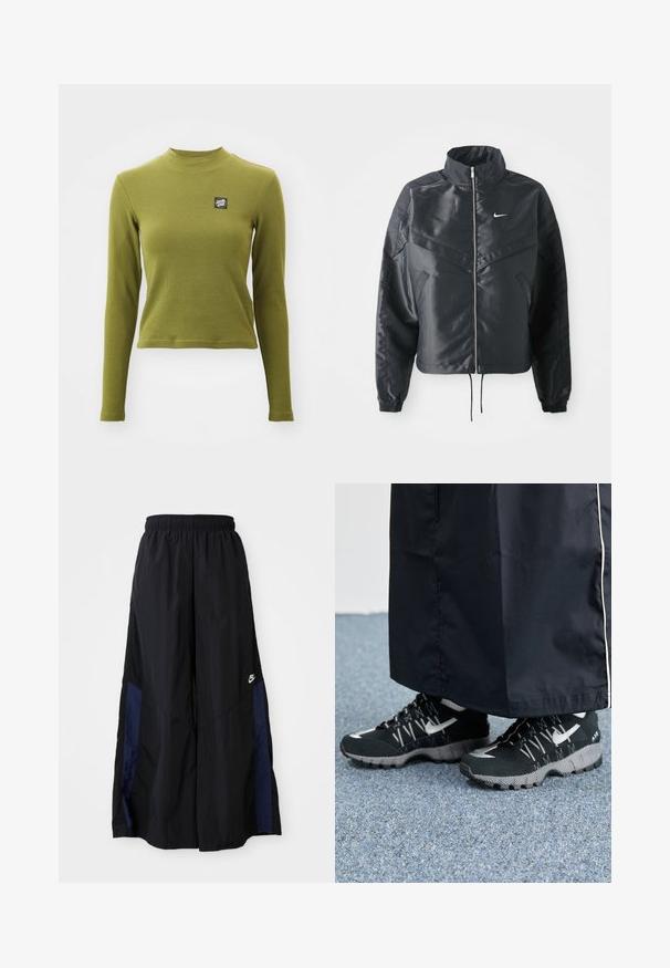 Fekete, rövidített dzseki magas gallérral, cipzáras záródással, elasztikus mandzsettákkal, és fehér Nike logóval. Simább, fényes anyag, enyhén textúrázott felülettel.; Hosszú ujjú, olívazöld, bordázott póló magas nyakkal, bal mellen kis fekete logóval. Simaság jellemzi, cropped fazonú.; Fekete, bő szárú nadrág könnyű anyagból, tengerészkék oldalsó panellel és elasztikus derékkal. Kicsi fehér logó az alján.; Fekete sportcipők, textúrált felsőrésszel, ezüst kiegészítőkkel és mintás talppal, fekete hosszú ruhadarabbal párosítva. Kék szőnyegen.