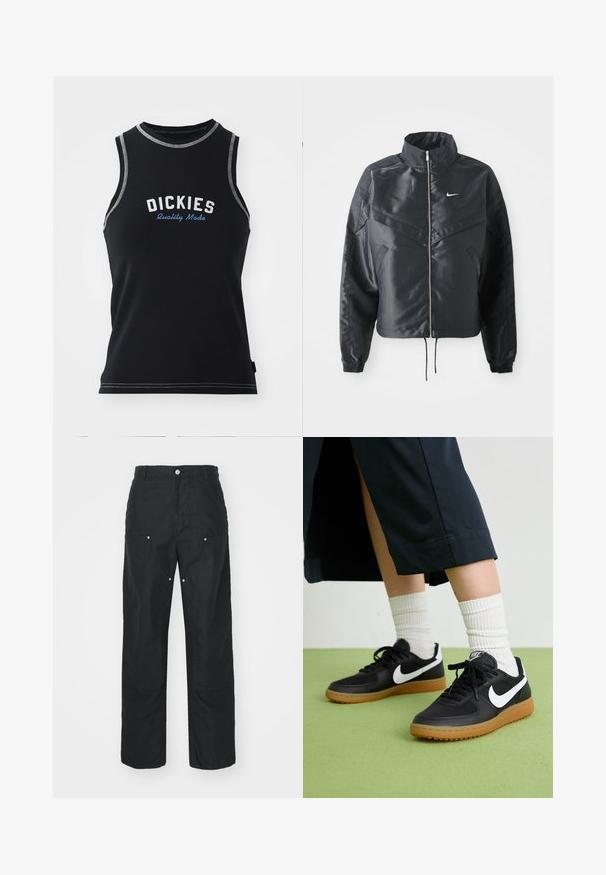 Black cropped jacket with high collar, zip closure, elastane cuffs, and a white Nike logo. Smooth, shiny fabric with a slightly textured surface.; Black sleeveless tank top with gray stitching. Features "DICKIES" logo in white and blue. Made from a smooth, stretchy fabric.; Black trousers with a straight-leg design, made of a textured fabric. Features decorative silver hardware and unique seam detailing.; Black leather and synthetic sneakers with white Nike swoosh, rubber gum sole, round toe, and black laces. Ribbed white socks visible.