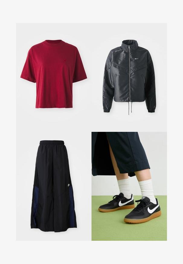 Svart kort jacka med hög krage, dragkedja, ärmslut i elastan och en vit Nike-logotyp. Slät, glänsande tyg med en något strukturerad yta.; Röd bomullst-shirt med kort ärm, rund halsringning och en liten broderad logotyp på bröstet. Boxig passform och slät textur.; Svarta vida byxor gjorda av lättviktig tyg, med en marinblå sid panel och ett elastiskt midjeband. Litet vitt logotyp nertill.; Svarta läder- och syntetiska sneakers med vit Nike-logga, gummisula, rund tå och svarta snörningar. Ribbad vit strumpor synliga.
