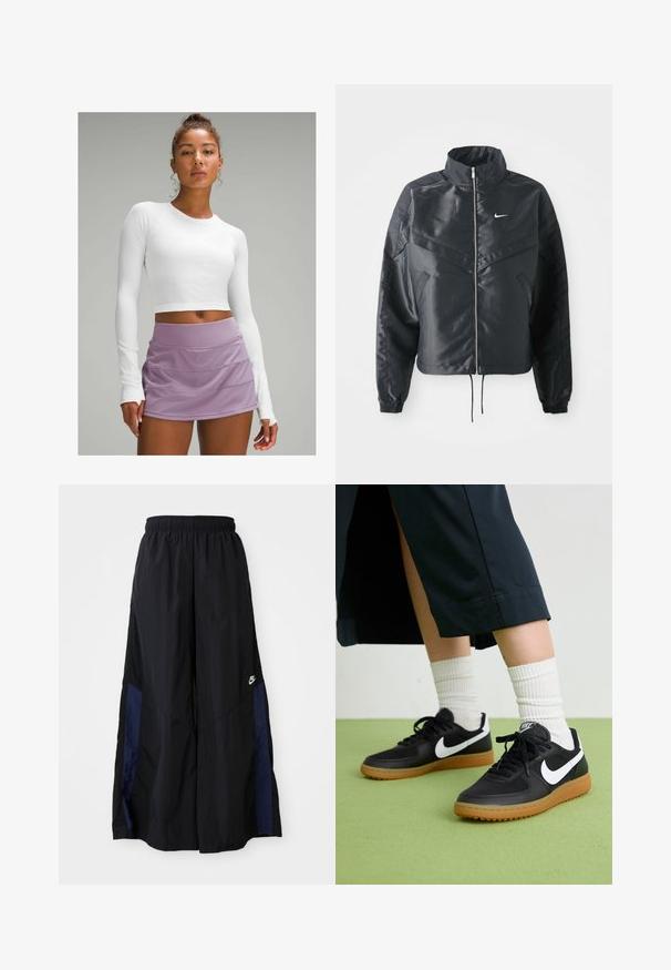 Juoda trumpa striukė su aukštu coloru, užtrauktuku, elastaniniu rankogaliu ir balta Nike logotipu. Lygus, blizgus audinys su šiek tiek tekstūruotu paviršiumi.; Balta ilgomis rankovėmis apkirpta palaidinė su tekstūruotu audiniu, derinama su lavandų spalvos, sluoksniuota sportine sijonėle. Lygi, prigludusi išvaizda be matomų raštų.; Juodos plačios kojų kelnės, pagamintos iš lengvos medžiagos, su tamsiai mėlyna šonine juostele ir elastinga juosmens juosta. Maža balta logotipo etikete apačioje.; Juodos odinės ir sintetinių medžiagų sportbačiai su balta Nike swoosh, guminis padas, apvalus pirštas ir juodi raišteliai. Matomos banguotos baltos kojinės.