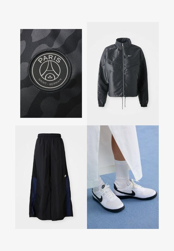 Mustat lyhyet takit, joissa on korkea kaulus, vetoketjukiinnitys, elastaanista valmistetut hihan suut ja valkoinen Nike-logo. Sileä, kiiltävä kangas, jossa on hieman tekstuuria.; Musta kangas, jossa on hienovarainen maastokuvio, ja siinä on ympyrän muotoinen, kohokuvioitu merkki, jossa lukee "PARIS SAINT-GERMAIN" ja joka sisältää liljan symbolin.; Musta leveälahkeinen housu, joka on valmistettu kevyestä kankaasta. Housuissa on tummansininen sivupaneeli ja joustava vyötärö. Alhaalla on pieni valkoinen logo.; Valkoiset Nike-tossut mustilla yksityiskohdilla, joissa on sileä nahka-yläosa, valkoiset nauhat ja tukevat kumipohjat, yhdistettynä valkoisiin ribattuihin sukkiin.