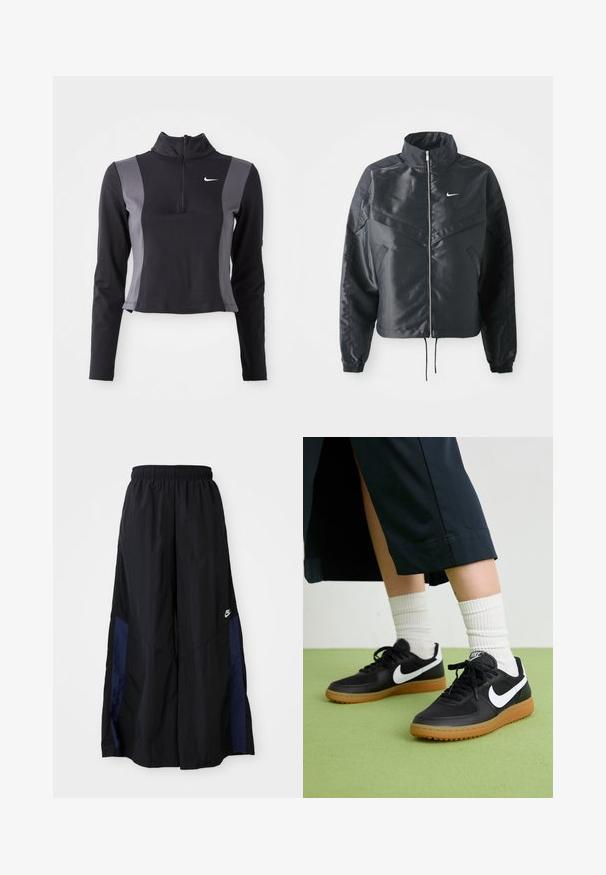Czarna krótka kurtka z wysokim kołnierzem, zamek błyskawiczny, ściągacze z elastanu i białe logo Nike. Gładki, błyszczący materiał o lekko teksturowanej powierzchni.; Czarny i szary longsleeve z suwakiem na ćwiartkę o dopasowanym kroju z logo Nike, z kontrastującymi panelami bocznymi i gładką teksturą.; Czarne spodnie szerokie wykonane z lekkiego materiału, z granatowym bocznym panelem i elastycznym paskiem w talii. Małe białe logo na dole.; Czarne skórzane i syntetyczne sneakersy z białym logo Nike, gumową podeszwą, okrągłym noskiem i czarnymi sznurowadłami. Widziane są ribbowane białe skarpetki.