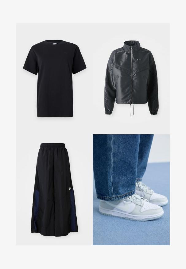 Μαύρο cropped μπουφάν με ψηλό γιακά, κλείσιμο με φερμουάρ, μανσέτες από ελαστάνη και λευκό λογότυπο Nike. Λείο, γυαλιστερό ύφασμα με ελαφρώς υφή.; Μαύρη βαμβακερή μπλούζα με στρογγυλή λαιμόκοψη, κοντά μανίκια και μια διακριτική λεπτομέρεια λογότυπου στο αριστερό στήθος. Λείος υφασμάτινος και χαλαρός σχεδιασμός.; Μαύρο παντελόνι με φαρδιά πόδια, κατασκευασμένο από ελαφρύ ύφασμα, με μπλε ναυτική πλευρική λωρίδα και ελαστική μέση. Μικρό λευκό λογότυπο στο κάτω μέρος.; Nike αθλητικά παπούτσια σε λευκό και ανοιχτό γκρι δέρμα με διάτρητο χώρο στα δάχτυλα, επίπεδα κορδόνια και καουτσούκ σόλα, συνδυασμένα με μπλε τζιν παντελόνι.