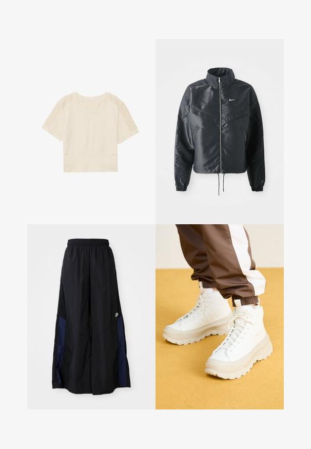 Black cropped jacket with high collar, zip closure, elastane cuffs, and a white Nike logo. Smooth, shiny fabric with a slightly textured surface.; Light beige cropped t-shirt with short sleeves. Features textured mesh panels on the shoulders and a ribbed waistband with two small gold accents.; Black wide-leg pants made of lightweight fabric, featuring a navy blue side panel and an elastic waistband. Small white logo on bottom.; White high-top sneakers with a chunky, textured sole, featuring a smooth upper, round toe, and tonal laces, set against a yellow background.