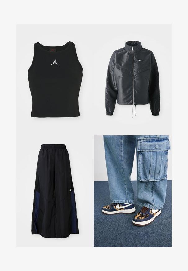 Must kolledžiga must lühike jope, millel on lukuga sulgus, elastne mansett ja valge Nike logo. Sile, läikiv kangas, millel on veidi tekstureeritud pind.; Must värvi puuvillane sobiv tank top, millel on ümar kaelus ja valge Jordan logo ette õmmeldud. Sile tekstuur.; Mustad laiad mustad püksid kergest kangast, millel on tumesinine külgpaneel ja elastne vöökoht. Väike valge logo allservas.; Tumed sinised tennised leopardimustriga aktsentide, valge Nike logoga, pruunide paelte ja valge vaheosaga. Kombineeritud heledate denimpükstega.