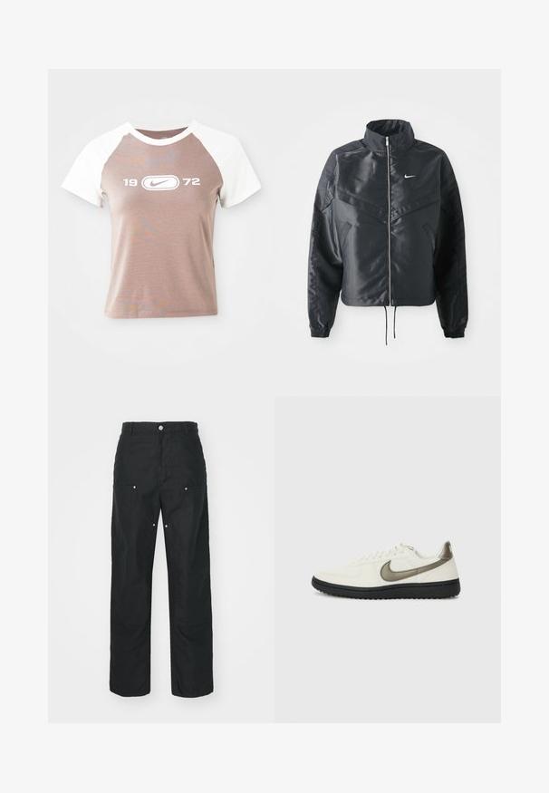 Črna skrajšana jakna z visokim ovratnikom, zadrgo, elastan rokavi in belim logotipom Nike. Gladek, sijoč material z rahlo teksturirano površino.; Majica s kratkimi rokavi z svetlobraunim telesom in belimi raglan rokavi, ki na sprednji strani prikazuje velik bel grafični logotip in leto "1972".; Črne hlače ravnega kroja, izdelane iz teksturirane tkanine. Opremljene so z dekorativnim srebrnim okovjem in edinstvenimi detajli šivov.; Nike Sportswear FIELD GENERAL - Športni copati - off-white/black