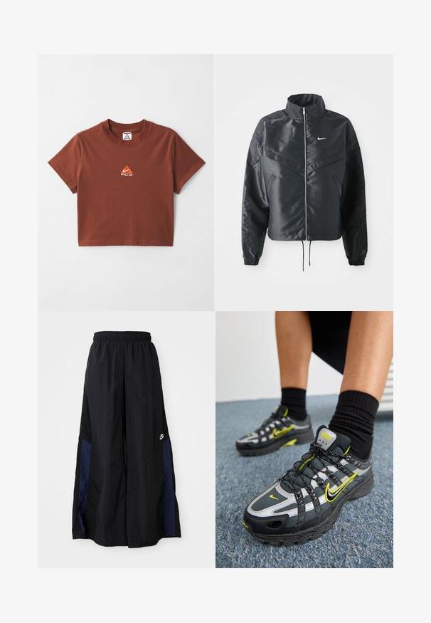 Giacca nera cropped con colletto alto, chiusura a zip, polsini in elastan e logo Nike bianco. Tessuto liscio e lucido con una superficie leggermente texturizzata.; T-shirt in cotone marrone con una piccola logo ricamato arancione nella zona del petto e un design classico a girocollo. Maniche corte.; Pantaloni neri a gamba larga realizzati in tessuto leggero, con un pannello laterale blu navy e una cintura elastica. Piccolo logo bianco sul fondo.; Scarpe da ginnastica nere e grigie con accenti riflettenti argento, pannelli in mesh testurizzati e dettagli gialli brillanti. Design con lacci e suola strutturata.