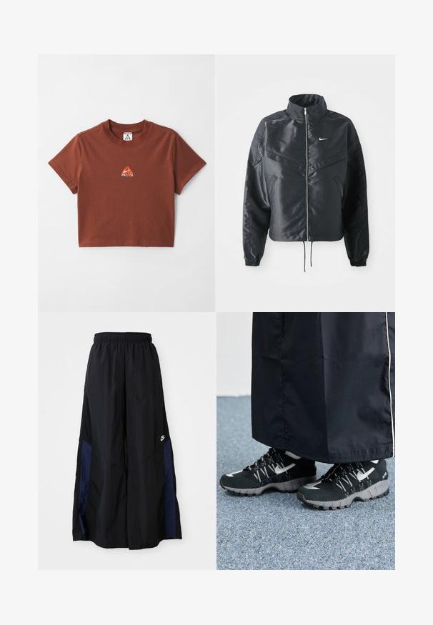 Černá zkrácená bunda s vysokým límcem, zipovým zapínáním, elastickými manžetami a bílým logem Nike. Hladká, lesklá látka s mírně strukturovaným povrchem.; Hnědý bavlněný crop tričko s malou výšivkou oranžového loga na oblasti hrudníku a klasickým designem s kulatým výstřihem. Krátké rukávy.; Černé kalhoty širokého střihu vyrobené z lehkého materiálu, s námořnickou modrou bočním panelem a elastickým pasem. Malé bílé logo na spodní části.; Černé sportovní boty s texturovaným svrškem, stříbrnými akcenty a vzorovanou podrážkou, ve spojení s černým dlouhým oděvem. Umístěno na modrém koberci.