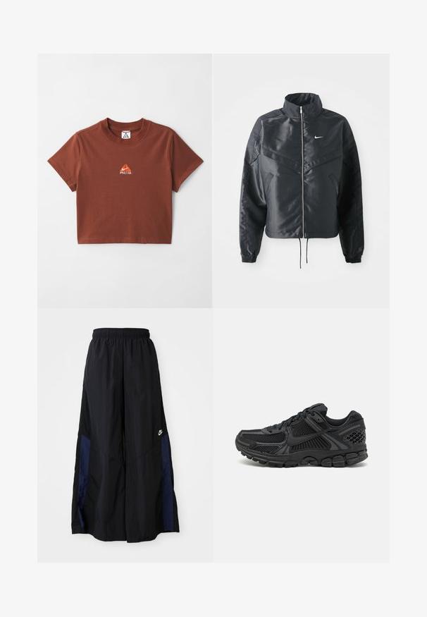 Chaqueta negra corta con cuello alto, cierre de cremallera, puños de elastano y un logo de Nike en blanco. Tejido suave y brillante con una superficie ligeramente texturizada.; Camiseta de algodón marrón con un pequeño logotipo bordado en naranja en el área del pecho y un diseño clásico de cuello redondo. Manga corta.; Pantalones de pierna ancha negros, confeccionados en una tela ligera, con un panel lateral azul marino y una cinturilla elástica. Logotipo blanco pequeño en la parte inferior.; Zapatilla deportiva negra con parte superior de malla, suela de goma y acentos texturizados. El diseño incluye un sistema de lazado pronunciado y una suela acolchada.