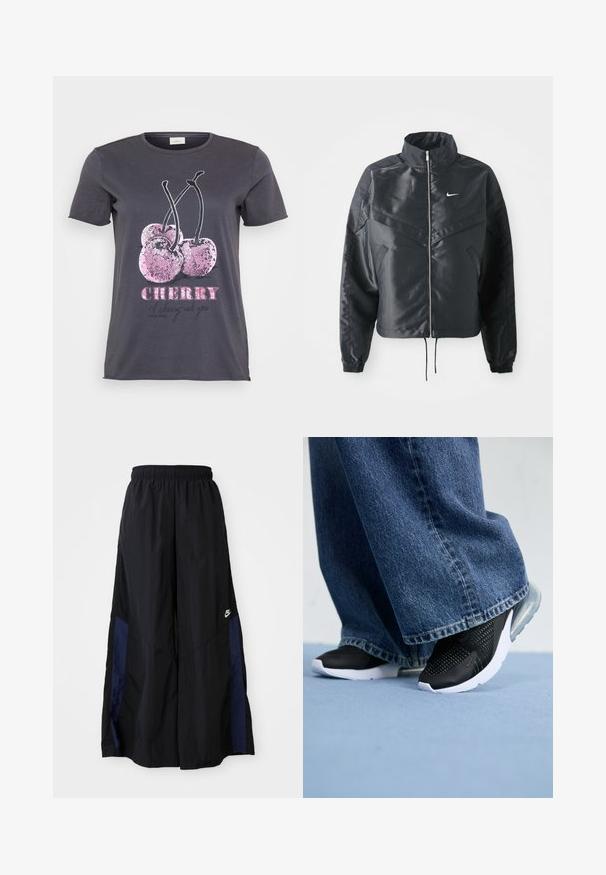 Casaco preto curto com colarinho alto, fecho de zip, punhos em elastano e um logótipo Nike branco. Tecido suave e brilhante com uma superfície ligeiramente texturizada.; T-shirt cinza com um gráfico de cereja com detalhes em glitter rosa, a palavra "CHERRY" em negrito rosa, e texto adicional em preto.; Calças largas pretas feitas de tecido leve, com um painel lateral azul-marinho e cintura elástica. Pequeno logótipo branco na parte inferior.; Sapatilhas desportivas pretas com detalhes em malha, sola branca e amortecimento visível, combinadas com jeans de perna larga em denim azul.