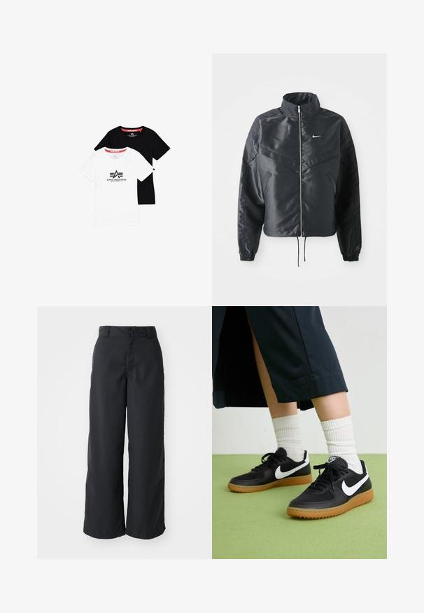 Black cropped jacket with high collar, zip closure, elastane cuffs, and a white Nike logo. Smooth, shiny fabric with a slightly textured surface.; Two basic crew neck t-shirts, one white with black logo and one solid black, made of cotton with short sleeves and straight hems.; Black wide-leg pants made of smooth fabric, featuring a button closure and side pockets, with a clean-cut design and tailored silhouette.; Black leather and synthetic sneakers with white Nike swoosh, rubber gum sole, round toe, and black laces. Ribbed white socks visible.