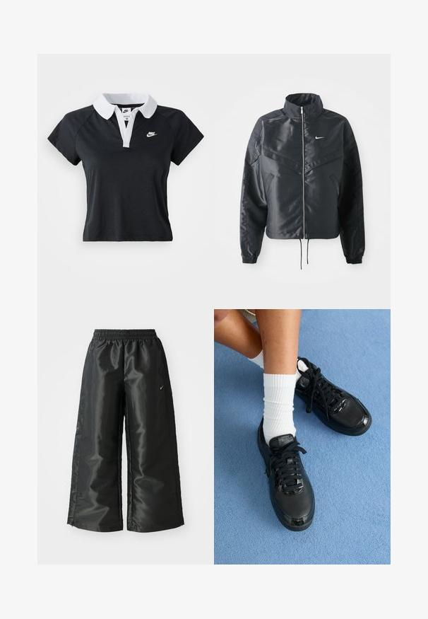 Casaco preto curto com colarinho alto, fecho de zip, punhos em elastano e um logótipo Nike branco. Tecido suave e brilhante com uma superfície ligeiramente texturizada.; Polo preto de mangas curtas com um colarinho branco e uma palastra frontal, apresentando um pequeno logótipo da Nike em branco no lado esquerdo do peito.; Calças atléticas pretas com um tecido brilhante e suave, apresentando uma cintura elástica, pernas largas e um pequeno logotipo do lado esquerdo.; Tênis Nike pretos apresentam um cabedal texturizado, detalhes brilhantes e cadarços redondos. Estão combinados com meias brancas caneladas sobre uma superfície azul clara.