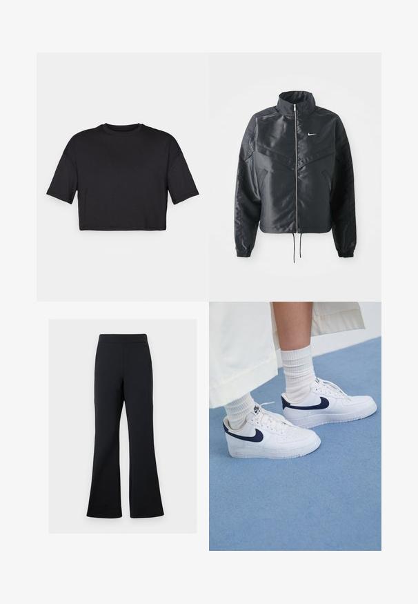Svart cropped jakke med høy krage, glidelåsåpning, elastiske mansjetter og en hvit Nike-logo. Glatt, shiny stoff med en lett teksturert overflate.; Svart kort t-skjorte laget av myk stoff, med rund halslinning og korte, brede ermer, med et enkelt, sømløst design.; Sorte videbukser laget av myk stoff med elastisk midje og en diskret sidelommedetalj, med en jevn tekstur og minimalistisk design.; Hvite Nike Air Force 1-sneakers med marineblå detaljer, perforert tå, flate lisser og gummisåle, kombinert med ribbede hvite sokker.