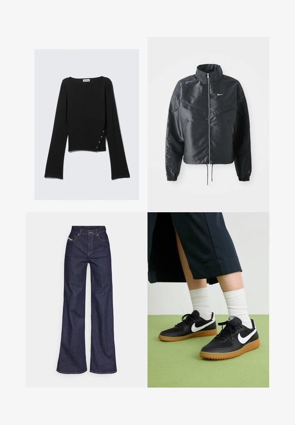 Fekete, rövidített dzseki magas gallérral, cipzáras záródással, elasztikus mandzsettákkal, és fehér Nike logóval. Simább, fényes anyag, enyhén textúrázott felülettel.; Fekete, hosszú ujjú felső sima textúrából, hajókivágással, cropped hosszal és ezüst szorítókkal ellátott oldalsó részlettel.; Sötétkék, bő szárú farmernadrág, magas derékkal, narancssárga varrással, öt zsebes kialakítással és gombos zárással.; Fekete bőr és szintetikus sneakers, fehér Nike logo-val, gumi talppal, kerek orral és fekete fűzővel. Csíkos fehér zokni látható.