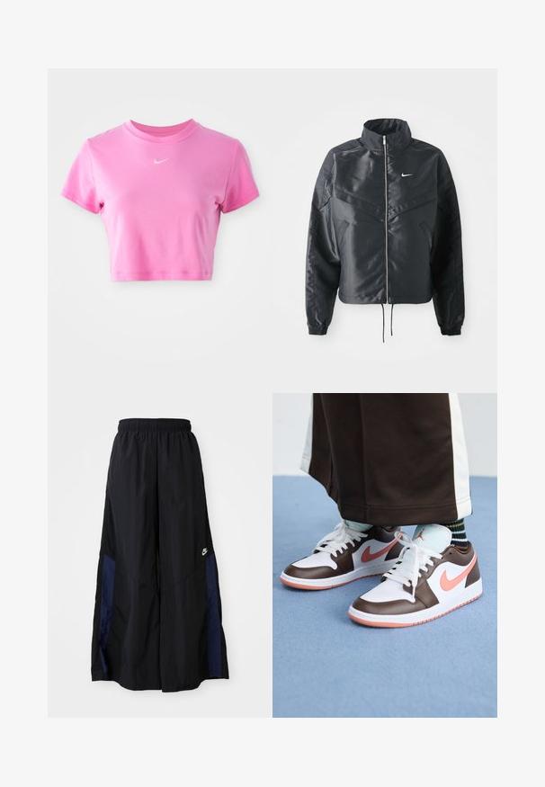 Casaco preto curto com colarinho alto, fecho de zip, punhos em elastano e um logótipo Nike branco. Tecido suave e brilhante com uma superfície ligeiramente texturizada.; T-shirt cropped rosa feita de algodão suave, com mangas curtas, decote redondo e um discreto logótipo branco da Nike no peito.; Calças largas pretas feitas de tecido leve, com um painel lateral azul-marinho e cintura elástica. Pequeno logótipo branco na parte inferior.; Sapatilhas Nike Air Jordan brancas e castanhas com acentos cor-de-rosa, apresentando um design de cano baixo, atacadores brancos e uma sola de borracha texturizada.