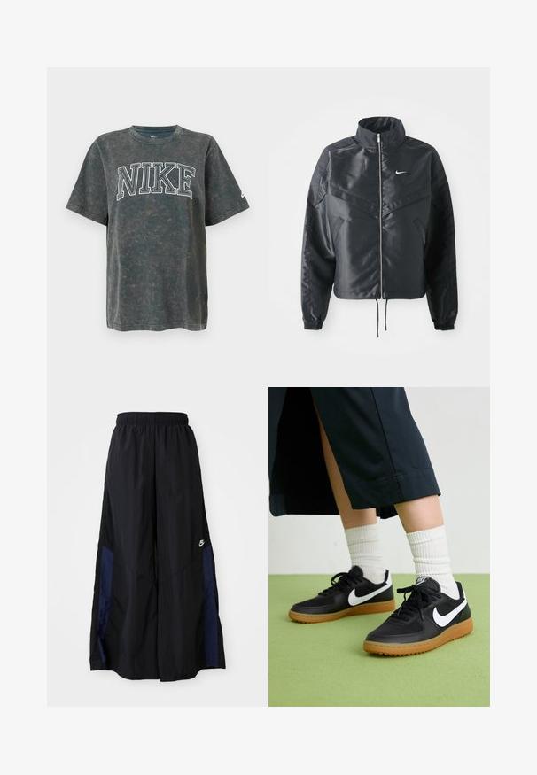 Juoda trumpa striukė su aukštu coloru, užtrauktuku, elastaniniu rankogaliu ir balta Nike logotipu. Lygus, blizgus audinys su šiek tiek tekstūruotu paviršiumi.; Tamsiai pilkas medvilninis marškinėliai su dideliu baltu "NIKE" grafiniu ryškumu priekyje. Laisvas siluetas, trumpomis rankovėmis ir apvalia iškirpte.; Juodos plačios kojų kelnės, pagamintos iš lengvos medžiagos, su tamsiai mėlyna šonine juostele ir elastinga juosmens juosta. Maža balta logotipo etikete apačioje.; Juodos odinės ir sintetinių medžiagų sportbačiai su balta Nike swoosh, guminis padas, apvalus pirštas ir juodi raišteliai. Matomos banguotos baltos kojinės.