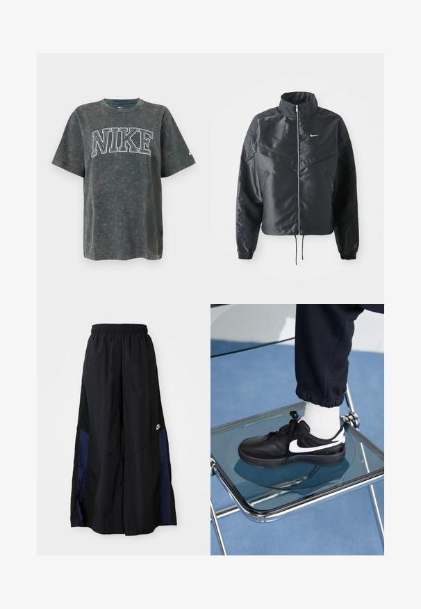 Mustat lyhyet takit, joissa on korkea kaulus, vetoketjukiinnitys, elastaanista valmistetut hihan suut ja valkoinen Nike-logo. Sileä, kiiltävä kangas, jossa on hieman tekstuuria.; T-paita tummanharmaata puuvillaa, jossa on suuri valkoinen "NIKE" -grafiikka edessä. Rennon mallinen, lyhythihaisilla ja pyöreällä kaula-aukolla.; Musta leveälahkeinen housu, joka on valmistettu kevyestä kankaasta. Housuissa on tummansininen sivupaneeli ja joustava vyötärö. Alhaalla on pieni valkoinen logo.; Mustat Nike-tennarit valkoisilla yksityiskohdilla, joissa on sileä nahkapinta, nauhakiinnitys ja pyöreä varvas, aseteltuna lasituolille.