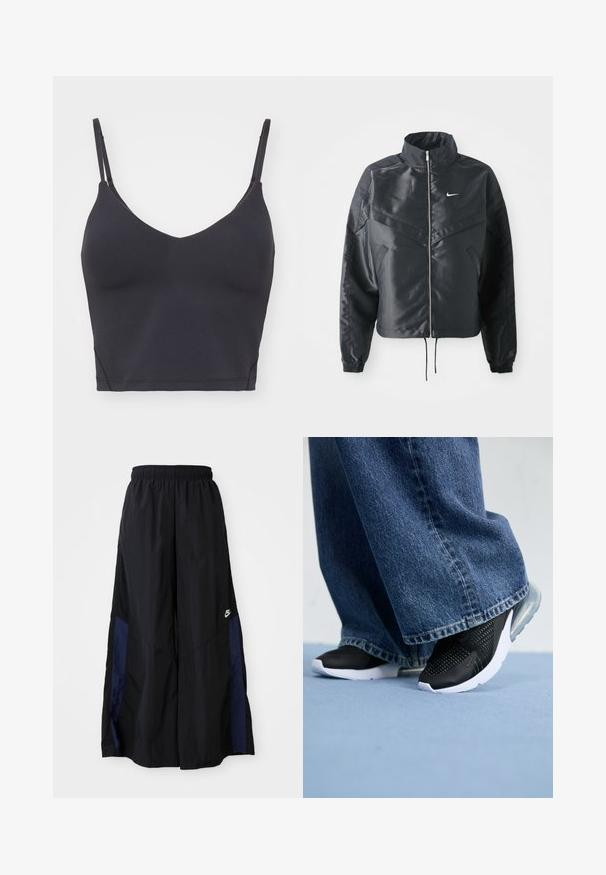 Schwarze, verkürzte Jacke mit hohem Kragen, Reißverschluss, Elastan-Ärmeln und einem weißen Nike-Logo. Glattes, glänzendes Material mit leicht strukturiertem Oberflächeneffekt.; Schwarzer nahtloser Bralette mit dünnen verstellbaren Trägern, V-Ausschnitt und taillierter Passform. Weicher, dehnbarer Stoff ohne sichtbare Hardware.; Schwarze weit geschnittene Hose aus leichtem Stoff, mit einem dunkelblauen Seitenpanel und einem elastischen Bund. Kleines weißes Logo am unteren Ende.; Schwarze Sportschuhe mit Mesh-Details, weißer Sohle und sichtbarer Luftpolsterung, kombiniert mit blauen, weit geschnittenen Jeans.