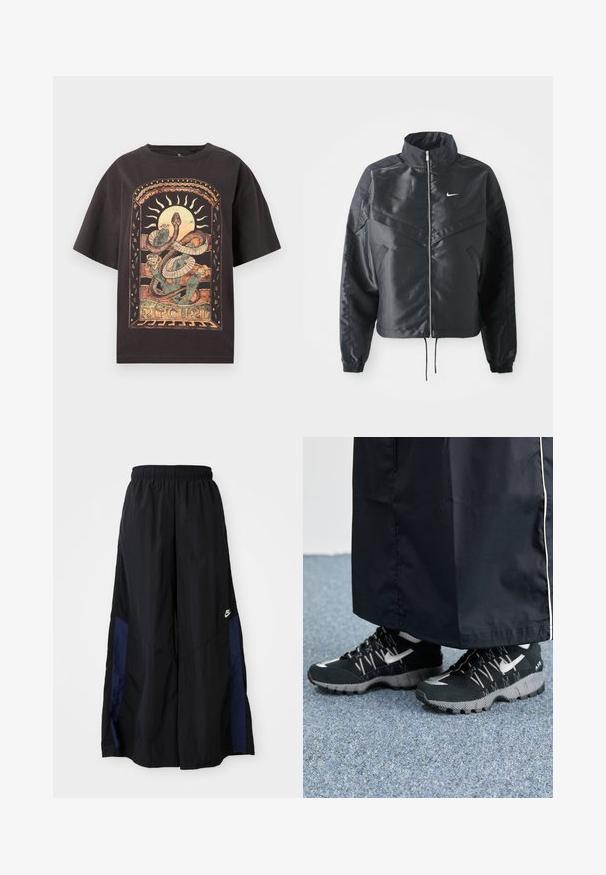 Sort cropped jakke med høj krave, lynlås lukning, elastiske manchetter og et hvidt Nike-logo. Glat, blankt stof med en let struktureret overflade.; Sort oversized t-shirt med et farverigt grafisk motiv af en slange og blomsterelementer, med "RIPCURL" tekst i bunden og korte ærmer.; Sorte vide benbukser lavet af letvægtsstof, med et marineblåt sidepanel og en elastisk talje. Lille hvidt logo nederst.; Sorte sportsko med en struktureret overdel, sølvdetaljer og en mønstret ydersål, parret med et langt sort plagg. Sat mod blå tæpper.