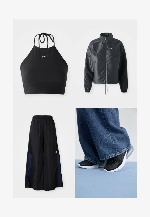 Črna skrajšana jakna z visokim ovratnikom, zadrgo, elastan rokavi in belim logotipom Nike. Gladek, sijoč material z rahlo teksturirano površino.; Črni halter crop top, izdelan iz raztegljivega materiala, z diskretnim belim logotipom Nike, z zavezovanjem in brezšivnim zaključkom.; Črne široke hlače iz lahkega materiala, z morsko modrim stranskim panelom in elastičnim pasom. Majhna bela oznaka na dnu.; Črne atletske čevlje z mrežasto podrobnostjo, belo podplat in vidno zračno blazinico, v kombinaciji z modrimi širokimi kavbojkami.