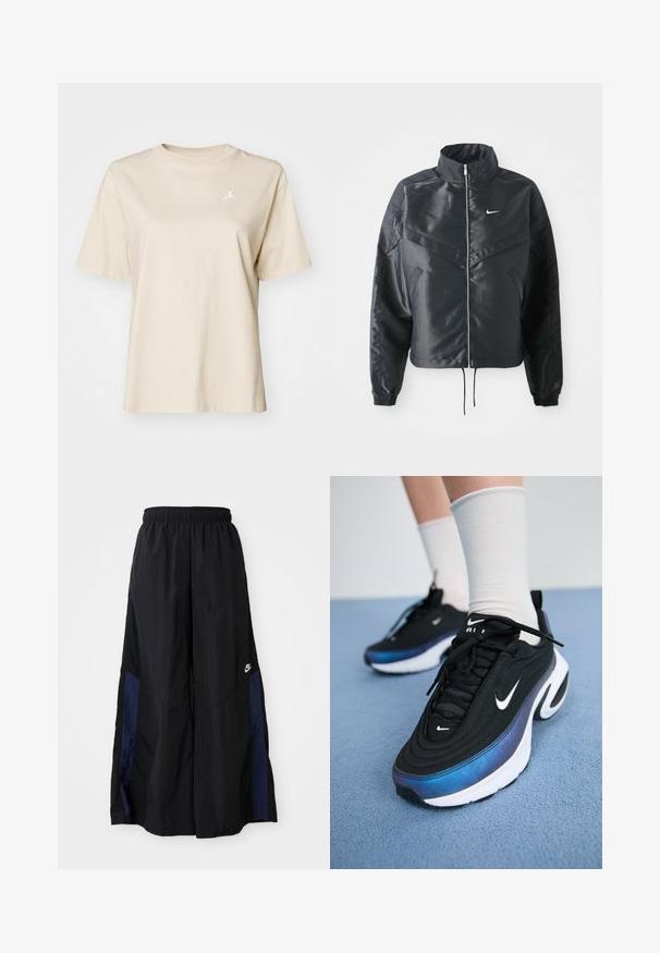 Black cropped jacket with high collar, zip closure, elastane cuffs, and a white Nike logo. Smooth, shiny fabric with a slightly textured surface.; Jordan TEE - Basic T-shirt - legend light brown/sail; Black wide-leg pants made of lightweight fabric, featuring a navy blue side panel and an elastic waistband. Small white logo on bottom.; Black Nike sneakers with a smooth fabric upper, featuring a gradient blue-to-black design, white sole, and prominent logo accents.