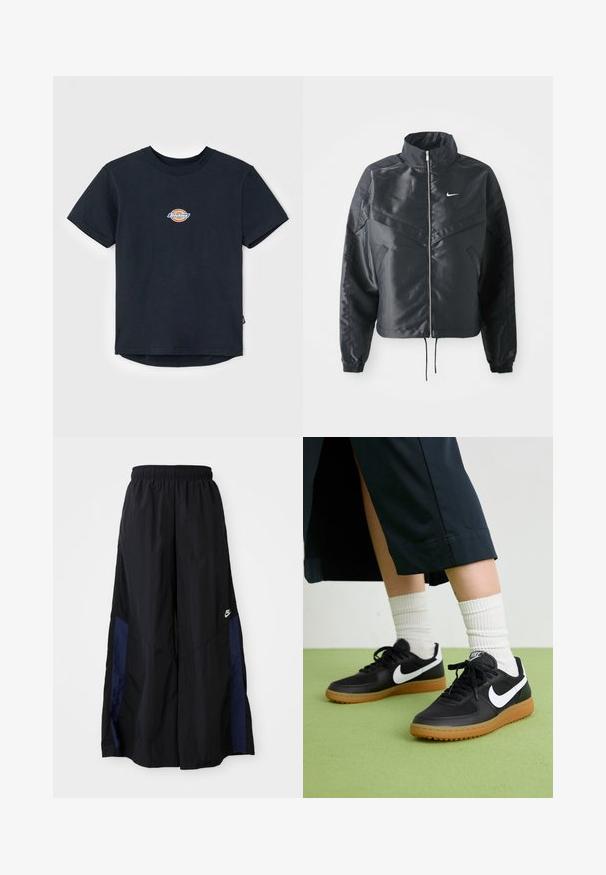 Črna skrajšana jakna z visokim ovratnikom, zadrgo, elastan rokavi in belim logotipom Nike. Gladek, sijoč material z rahlo teksturirano površino.; Črna bombažna majica s kratkimi rokavi, okroglim ovratnikom in majhnim večbarvnim logotipom na prsih. Ravni rob z nekoliko daljšim hrbtom.; Črne široke hlače iz lahkega materiala, z morsko modrim stranskim panelom in elastičnim pasom. Majhna bela oznaka na dnu.; Črne usnjene in sintetične superge z belim Nike swooshom, gumo na podplatu, okroglo konico ter črnimi vezalkami. Vidne so rebraste bele nogavice.