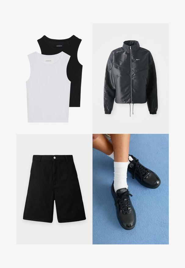 Črna skrajšana jakna z visokim ovratnikom, zadrgo, elastan rokavi in belim logotipom Nike. Gladek, sijoč material z rahlo teksturirano površino.; Dve brezrokavne majice v črni in beli barvi, izdelane iz rebrastega bombaža, z okroglimi izrezi in prilegajočim oblikovanjem. Oznake so vidne na obeh.; Črne kratke hlače iz vzdržljive tkanine, s pravim krojem, sprednjimi žepi, z zadrgo in z zaponko iz kovine.; Črne Nike športne copate odlikuje teksturirana površina, sijoči detajli in okrogli vezalke. Ujemajo se z belimi rebrastimi nogavicami na svetlo modri podlagi.