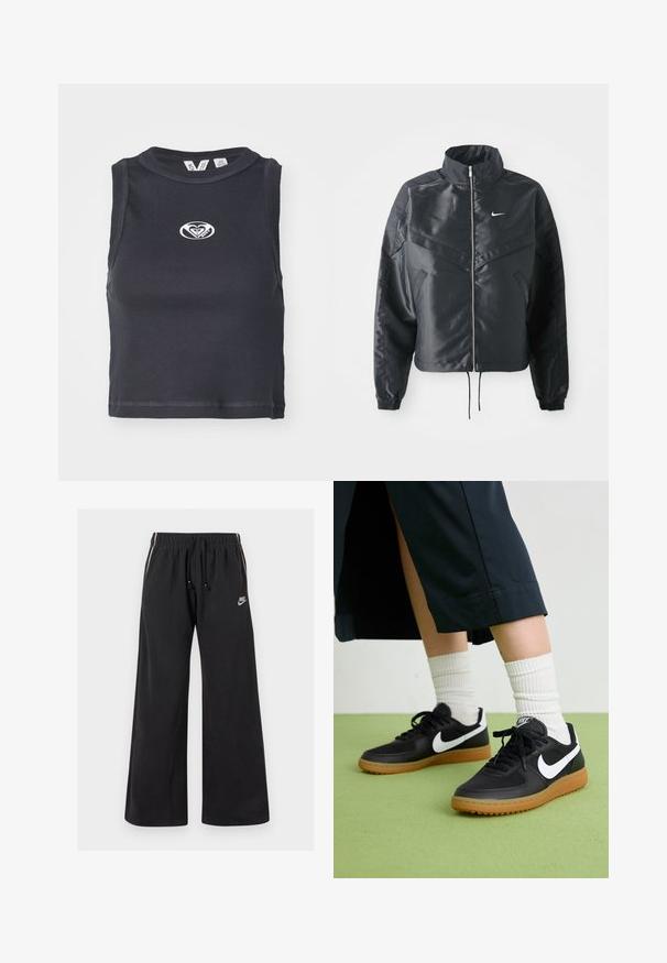 Giacca nera cropped con colletto alto, chiusura a zip, polsini in elastan e logo Nike bianco. Tessuto liscio e lucido con una superficie leggermente texturizzata.; Top corto nero a costine con scollatura rotonda e design senza maniche. Presenta un logo bianco centrato sul petto. Texture liscia.; Pantaloni da jogging neri in tessuto morbido, con vita elasticizzata e cordoncino, strisce laterali e un piccolo logo sul lato sinistro davanti.; Sneaker in pelle nera e sintetica con logo Nike bianco, suola in gomma, punta rotonda e lacci neri. Calze bianche a righe visibili.