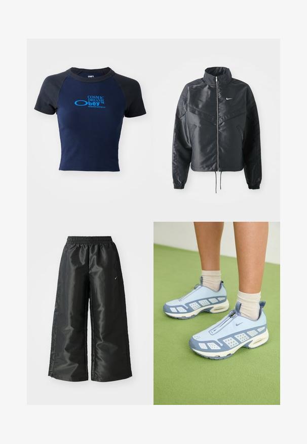Juoda trumpa striukė su aukštu coloru, užtrauktuku, elastaniniu rankogaliu ir balta Nike logotipu. Lygus, blizgus audinys su šiek tiek tekstūruotu paviršiumi.; Obey Clothing COSMIC DREAMS - Marškinėliai su spaudiniu - black iris; Juodi sportiniai džinsai su blizgia, lygaus audinio medžiaga, turintys elastingą juosmenį, plačias kojų dalis ir mažą logotipą kairėje pusėje.; Šviesiai mėlynos sportinės batuokai su baltais akcentais, tekstūruotais paneliais ir užtrauktuku. Yra matoma oro amortizavimo padas ir guminis padas.