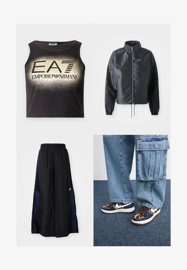 Svart cropped jakke med høy krage, glidelåsåpning, elastiske mansjetter og en hvit Nike-logo. Glatt, shiny stoff med en lett teksturert overflate.; Svart ermeløs croptopp laget av glatt bomull med en gullgradient-logo "EA7 EMPORIO ARMANI" tydelig plassert i midten.; Svarte vide bukser laget av lett stoff, med et marineblått sidestykke og elastisk midjebånd. Liten hvit logo nederst.; Mørkeblå sneakers med leopardmønstrede detaljer, hvit Nike-svosh, brune snører og hvit mellomsåle. Kombinert med lyse denim cargo-bukser.
