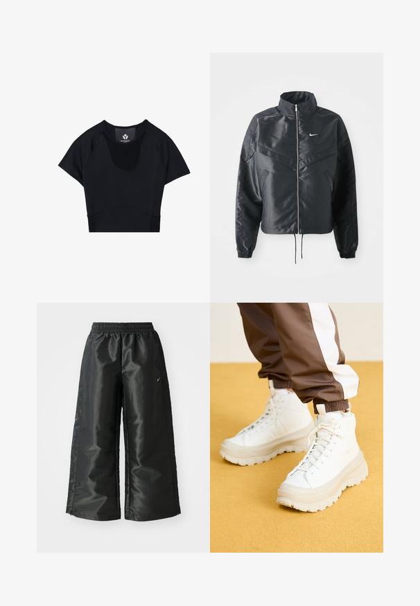 Fekete, rövidített dzseki magas gallérral, cipzáras záródással, elasztikus mandzsettákkal, és fehér Nike logóval. Simább, fényes anyag, enyhén textúrázott felülettel.; Fekete sportos crop top rövid ujjal, kerek nyakkal, textúrált panel részletezéssel és testhezálló kialakítással a karcsú megjelenésért.; Fekete sportnadrág fényes, sima anyagból, rugalmas derékkal, széles lábakkal és egy kis logóval a bal oldalon.; Fehér, magasszárú sportcipők, vastag, texturált talppal, sima bőr felsőrésszel, kerek orral és azonos színű fűzőkkel, sárga háttér előtt.