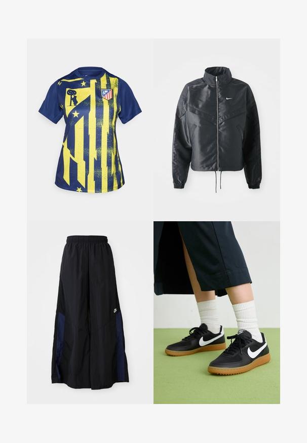 Black cropped jacket with high collar, zip closure, elastane cuffs, and a white Nike logo. Smooth, shiny fabric with a slightly textured surface.; Blue and yellow athletic shirt featuring a graphic design with stripes, stars, and a club logo. Made of smooth, synthetic material.; Black wide-leg pants made of lightweight fabric, featuring a navy blue side panel and an elastic waistband. Small white logo on bottom.; Black leather and synthetic sneakers with white Nike swoosh, rubber gum sole, round toe, and black laces. Ribbed white socks visible.