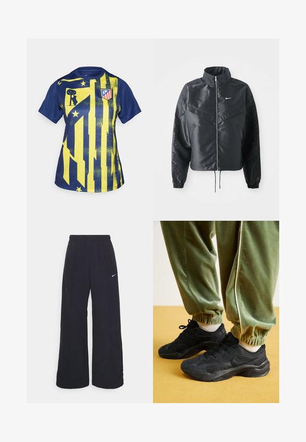 Sort cropped jakke med høj krave, lynlås lukning, elastiske manchetter og et hvidt Nike-logo. Glat, blankt stof med en let struktureret overflade.; Blå og gul atletisk skjorte med grafisk design med striber, stjerner og en klublogo. Fremstillet af glat, syntetisk materiale.; Sorte brede bukser med elastisk talje og et lille hvidt Nike-logo. Stoffet har en glat tekstur, designet til komfort og afslappet brug.; Sorte sportssko med mesh og syntetiske overlay, struktureret sål, parret med grønne, elastiske svedbukser, på gul overflade.