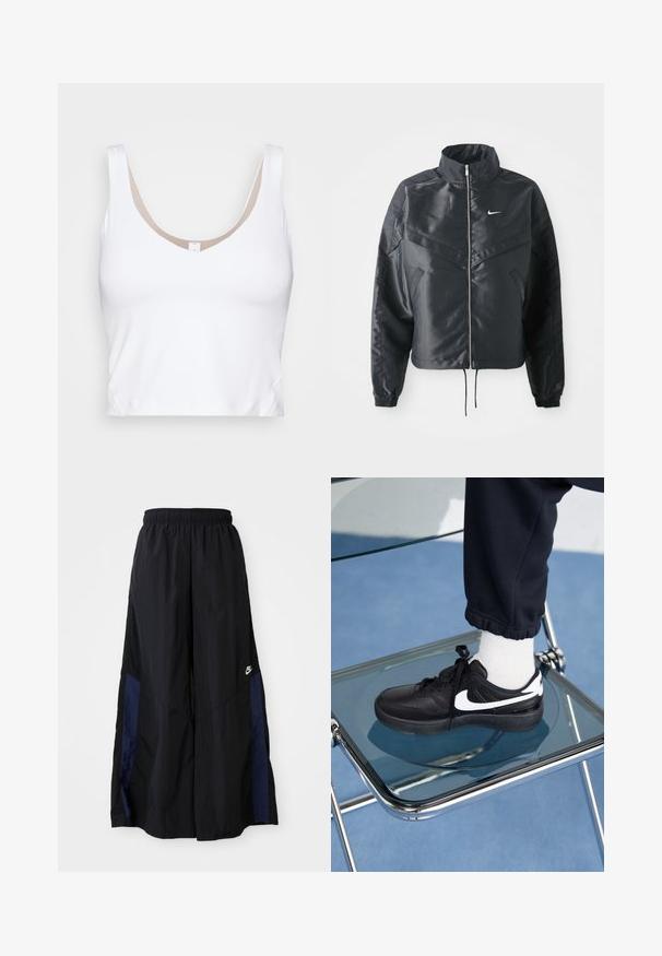 Schwarze, verkürzte Jacke mit hohem Kragen, Reißverschluss, Elastan-Ärmeln und einem weißen Nike-Logo. Glattes, glänzendes Material mit leicht strukturiertem Oberflächeneffekt.; Weißes Crop-Top mit einem runden Ausschnitt und breiten Schulterträgern. Hergestellt aus glattem, elastischem Stoff mit einem beigen Futterakzent am Ausschnitt.; Schwarze weit geschnittene Hose aus leichtem Stoff, mit einem dunkelblauen Seitenpanel und einem elastischen Bund. Kleines weißes Logo am unteren Ende.; Schwarze Nike-Sneaker mit weißen Akzenten, die über eine glatte Ledertextur, ein Schnürdesign und eine abgerundete Zehenform verfügen, platziert auf einem Glasstuhl.