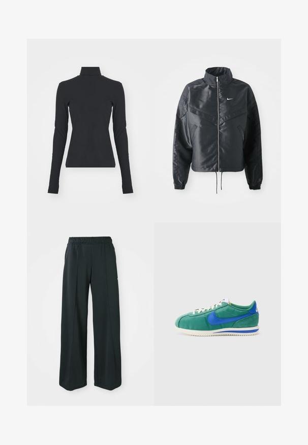 Schwarze, verkürzte Jacke mit hohem Kragen, Reißverschluss, Elastan-Ärmeln und einem weißen Nike-Logo. Glattes, glänzendes Material mit leicht strukturiertem Oberflächeneffekt.; Schwarzes, geripptes Rollkragenshirt mit langen Ärmeln, figurbetontem Schnitt, glatter Textur und dezentem Stretch, entworfen für Komfort und zum Schichten.; Schwarze, weit geschnittene Sporthosen mit elastischem Bund. Hergestellt aus glattem, dehnbarem Stoff, mit subtilen Vordernähten und ohne Taschen.; Grüne und blaue Nike-Sneaker mit einer glatten Oberfläche, Wildlederakzenten, weißen Schnürsenkeln und einer strukturierten Gummisohle im klassischen Design.