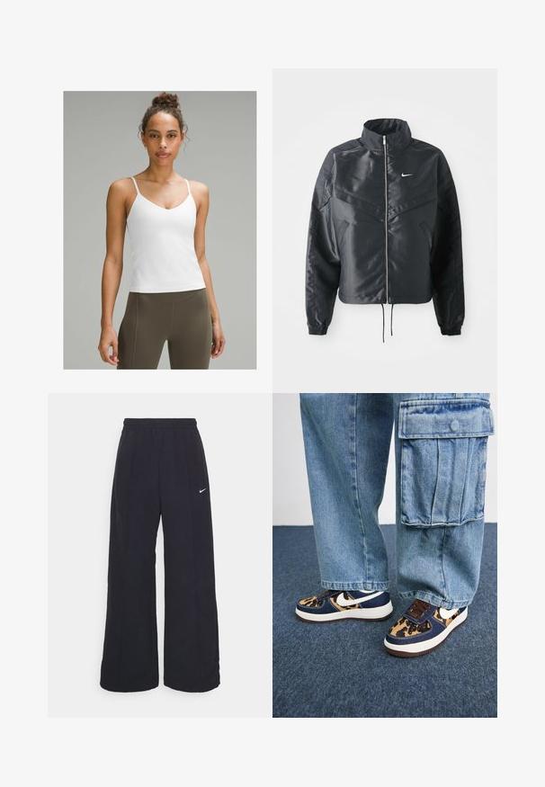 Black cropped jacket with high collar, zip closure, elastane cuffs, and a white Nike logo. Smooth, shiny fabric with a slightly textured surface.; White cami top with thin straps, V-neck design, smooth texture, fitted silhouette, paired with high-waisted olive green leggings.; Black wide-leg pants with an elastic waistband and a small white Nike logo. Fabric has a smooth texture, designed for comfort and casual wear.; Navy blue sneakers with leopard print accents, white Nike swoosh, brown laces, and white midsole. Paired with light denim cargo pants.