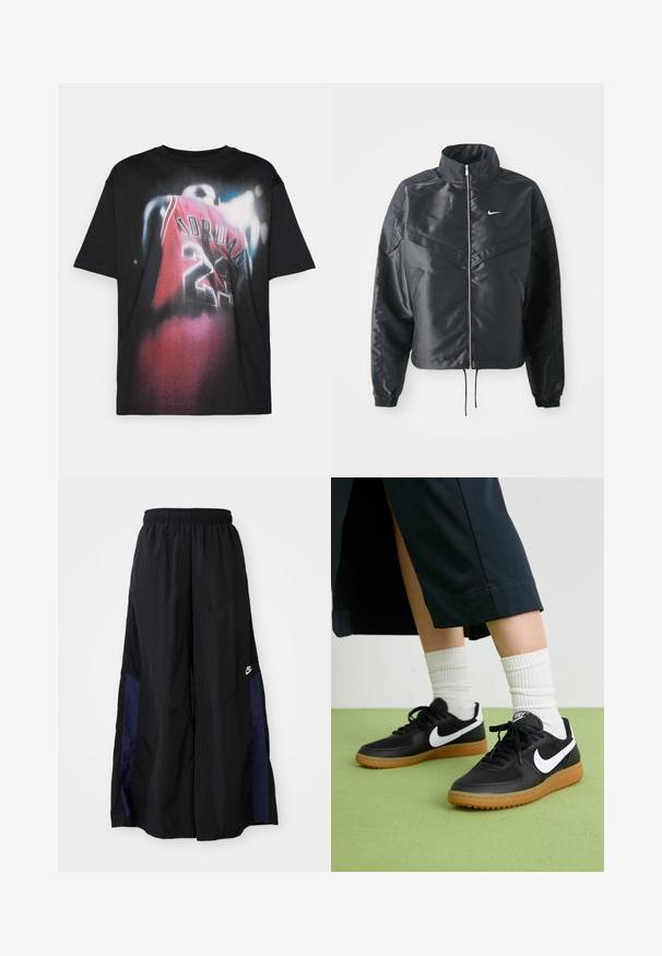 Mustat lyhyet takit, joissa on korkea kaulus, vetoketjukiinnitys, elastaanista valmistetut hihan suut ja valkoinen Nike-logo. Sileä, kiiltävä kangas, jossa on hieman tekstuuria.; Mustaharju musta puuvillane T-särk, millel on graafiline print mängijast punases jerses, millel on kirjutatud "JORDAN" ja number "23", ning hägune disainiefekt.; Musta leveälahkeinen housu, joka on valmistettu kevyestä kankaasta. Housuissa on tummansininen sivupaneeli ja joustava vyötärö. Alhaalla on pieni valkoinen logo.; Mustat nahka- ja synteettiset urheilukengät, joissa on valkoinen Nike-merkki, kuminen pohja, pyöreä kärki ja mustat nauhat. Raitapintaiset valkoiset sukat näkyvissä.