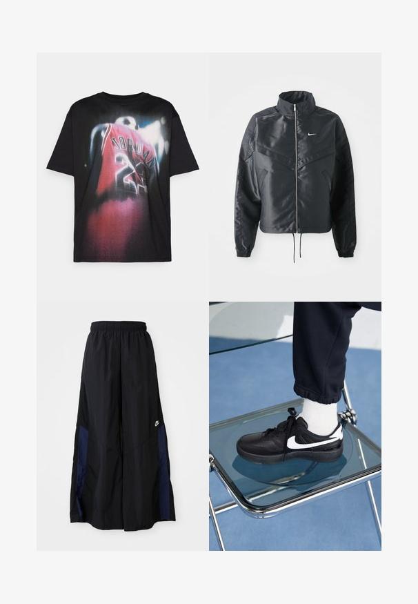 Mustat lyhyet takit, joissa on korkea kaulus, vetoketjukiinnitys, elastaanista valmistetut hihan suut ja valkoinen Nike-logo. Sileä, kiiltävä kangas, jossa on hieman tekstuuria.; Mustaharju musta puuvillane T-särk, millel on graafiline print mängijast punases jerses, millel on kirjutatud "JORDAN" ja number "23", ning hägune disainiefekt.; Musta leveälahkeinen housu, joka on valmistettu kevyestä kankaasta. Housuissa on tummansininen sivupaneeli ja joustava vyötärö. Alhaalla on pieni valkoinen logo.; Mustat Nike-tennarit valkoisilla yksityiskohdilla, joissa on sileä nahkapinta, nauhakiinnitys ja pyöreä varvas, aseteltuna lasituolille.