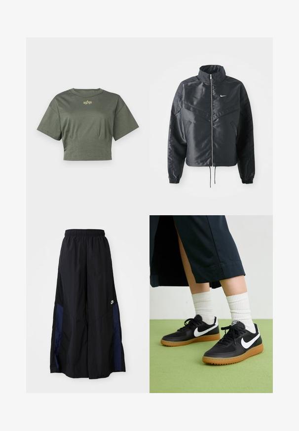 Giacca nera cropped con colletto alto, chiusura a zip, polsini in elastan e logo Nike bianco. Tessuto liscio e lucido con una superficie leggermente texturizzata.; Alpha Industries T-shirt con stampa - dark olive; Pantaloni neri a gamba larga realizzati in tessuto leggero, con un pannello laterale blu navy e una cintura elastica. Piccolo logo bianco sul fondo.; Sneaker in pelle nera e sintetica con logo Nike bianco, suola in gomma, punta rotonda e lacci neri. Calze bianche a righe visibili.