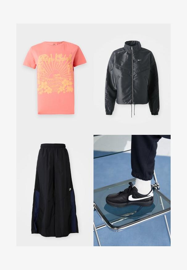 Veste noire courte avec col haut, fermeture éclair, poignets en élasthanne et logo Nike blanc. Tissu lisse et brillant avec une surface légèrement texturée.; T-shirt corail à manches courtes, avec un design graphique jaune représentant un soleil, des vagues et des éléments floraux. Fabriqué en coton. Coupe classique.; Pantalons larges noirs en tissu léger, avec un panneau latéral bleu marine et une taille élastique. Petit logo blanc en bas.; Baskets Nike noires avec des accents blancs, présentant une texture en cuir lisse, un design à lacets et un bout rond, placées sur une chaise en verre.