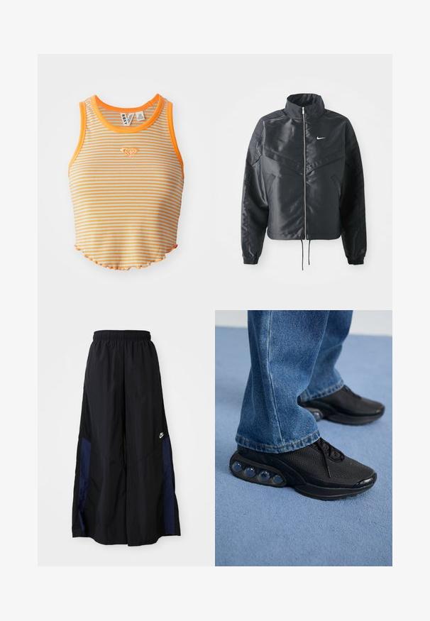Must kolledžiga must lühike jope, millel on lukuga sulgus, elastne mansett ja valge Nike logo. Sile, läikiv kangas, millel on veidi tekstureeritud pind.; Triibuline lühikeste varrukatega topp oranži ja helesinise värviga, ribatekstuuri, ümarate kaelustega ja lainelise äärisega. Ees on tikitud väike teemantlogo.; Mustad laiad mustad püksid kergest kangast, millel on tumesinine külgpaneel ja elastne vöökoht. Väike valge logo allservas.; Mustad mustandid jooksujalatsid, millel on võrkmaterjalist ülemine osa, tekstuuriga detailid ja nähtavad õhkpadjad tallas. Kandmine siniste teksadega.